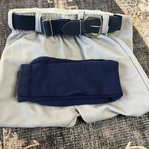 Youth S Gray Alleson baseball pants w Navy blue belt and socks GUC